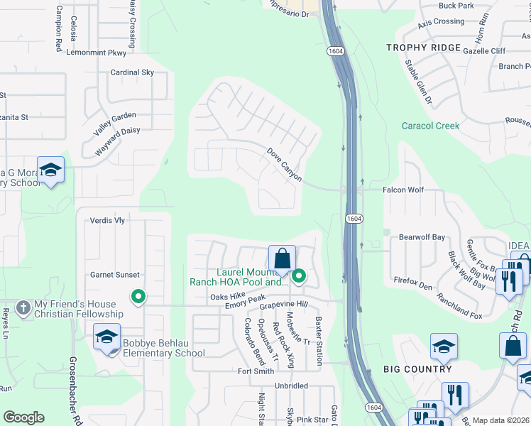 map of restaurants, bars, coffee shops, grocery stores, and more near 11326 Eagle Tree in San Antonio