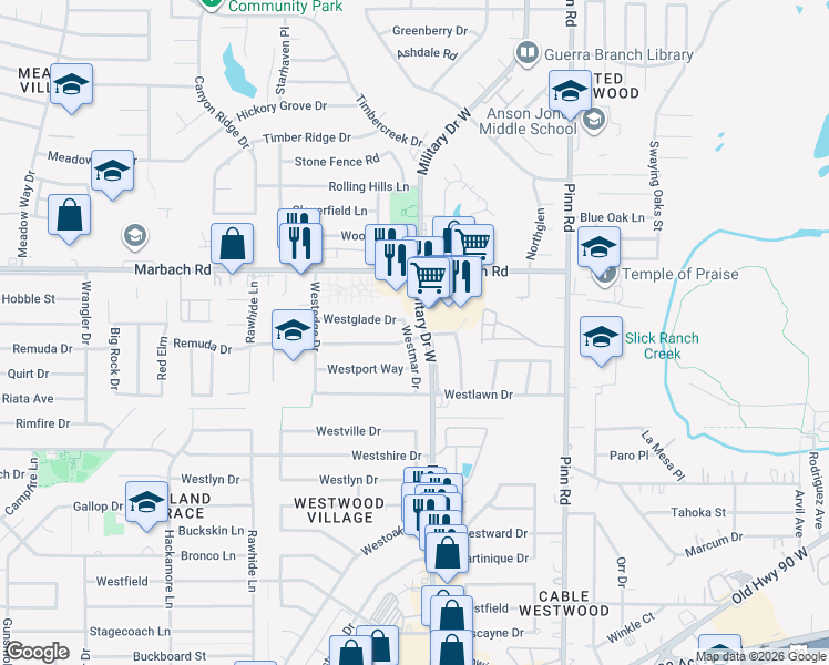 map of restaurants, bars, coffee shops, grocery stores, and more near 1726 Westmar Drive in San Antonio