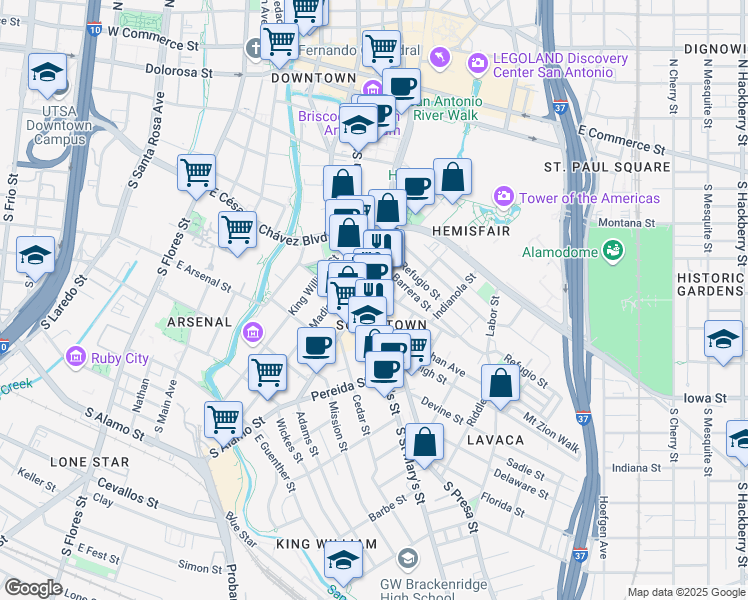 map of restaurants, bars, coffee shops, grocery stores, and more near in San Antonio