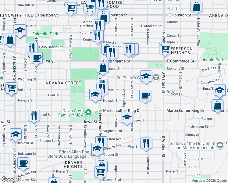 map of restaurants, bars, coffee shops, grocery stores, and more near 222 Connelly Street in San Antonio