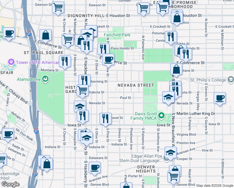 map of restaurants, bars, coffee shops, grocery stores, and more near 130 Paul Street in San Antonio
