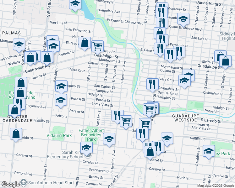 map of restaurants, bars, coffee shops, grocery stores, and more near 20 South Hamilton Avenue in San Antonio