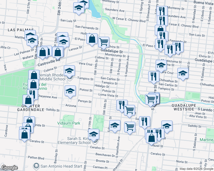 map of restaurants, bars, coffee shops, grocery stores, and more near 2218 Potosi Street in San Antonio