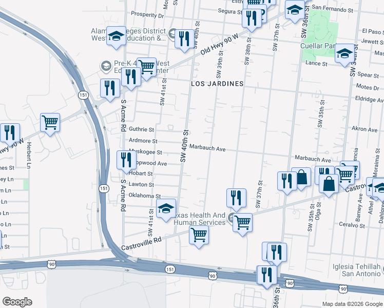 map of restaurants, bars, coffee shops, grocery stores, and more near 935 Southwest 39th Street in San Antonio
