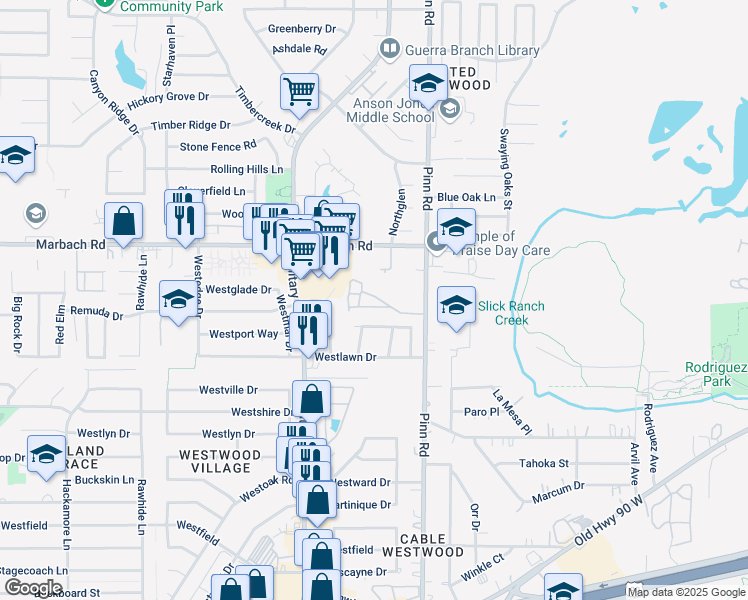 map of restaurants, bars, coffee shops, grocery stores, and more near 6919 Westcliff Lane in San Antonio