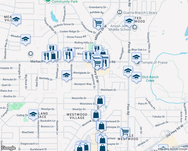 map of restaurants, bars, coffee shops, grocery stores, and more near 1726 Westmar Drive in San Antonio