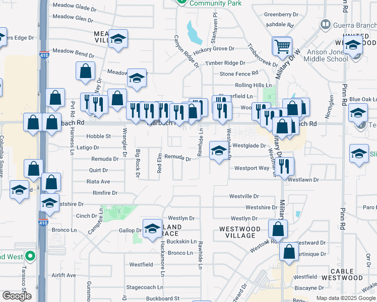 map of restaurants, bars, coffee shops, grocery stores, and more near 7410 Remuda Drive in San Antonio