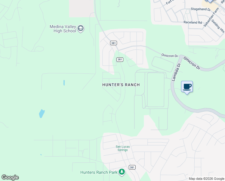 map of restaurants, bars, coffee shops, grocery stores, and more near 15355 Lambda Drive in San Antonio