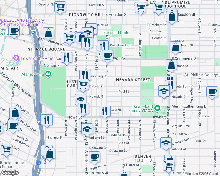 map of restaurants, bars, coffee shops, grocery stores, and more near 427 South Pine Street in San Antonio