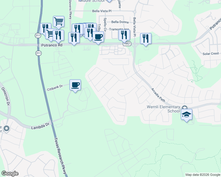 map of restaurants, bars, coffee shops, grocery stores, and more near 13919 Knob Creek in San Antonio