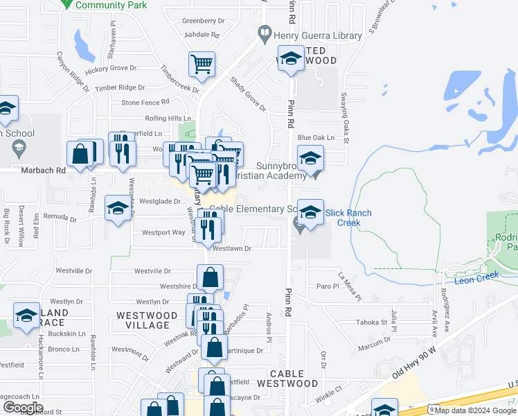 map of restaurants, bars, coffee shops, grocery stores, and more near 7006 Marbach Road in San Antonio