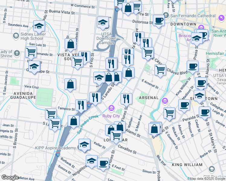 map of restaurants, bars, coffee shops, grocery stores, and more near 1002 South Laredo Street in San Antonio