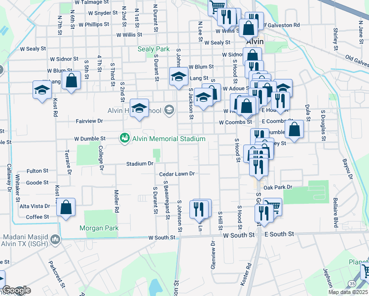 map of restaurants, bars, coffee shops, grocery stores, and more near 723 West Dumble Street in Alvin