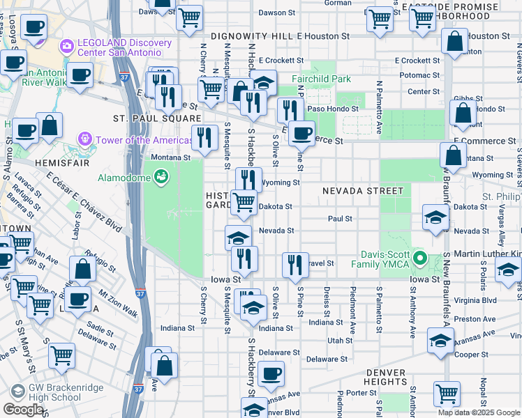 map of restaurants, bars, coffee shops, grocery stores, and more near 319 South Olive Street in San Antonio