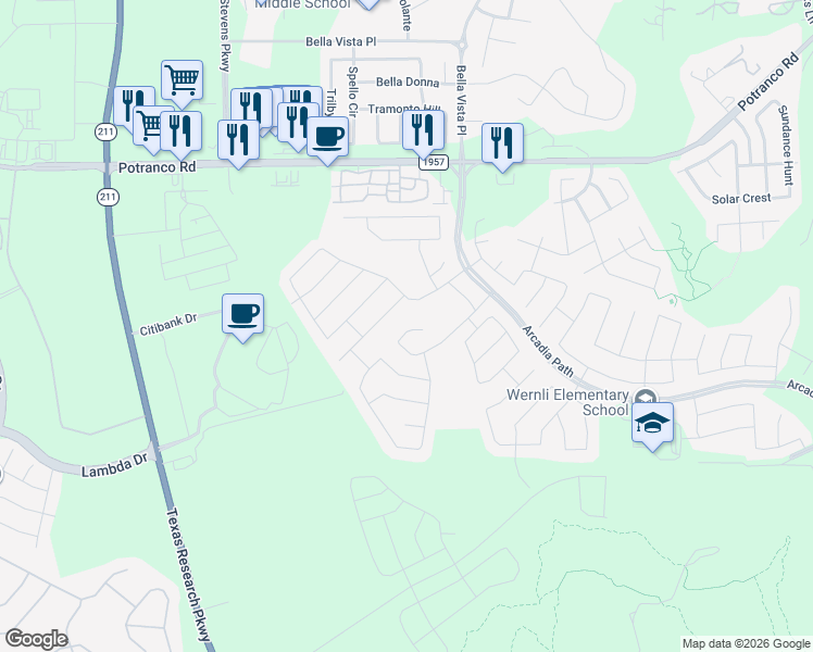 map of restaurants, bars, coffee shops, grocery stores, and more near 13834 Laurel Bridge in San Antonio