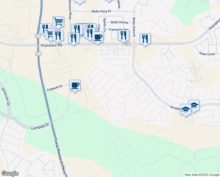 map of restaurants, bars, coffee shops, grocery stores, and more near 13919 Knob Creek in San Antonio