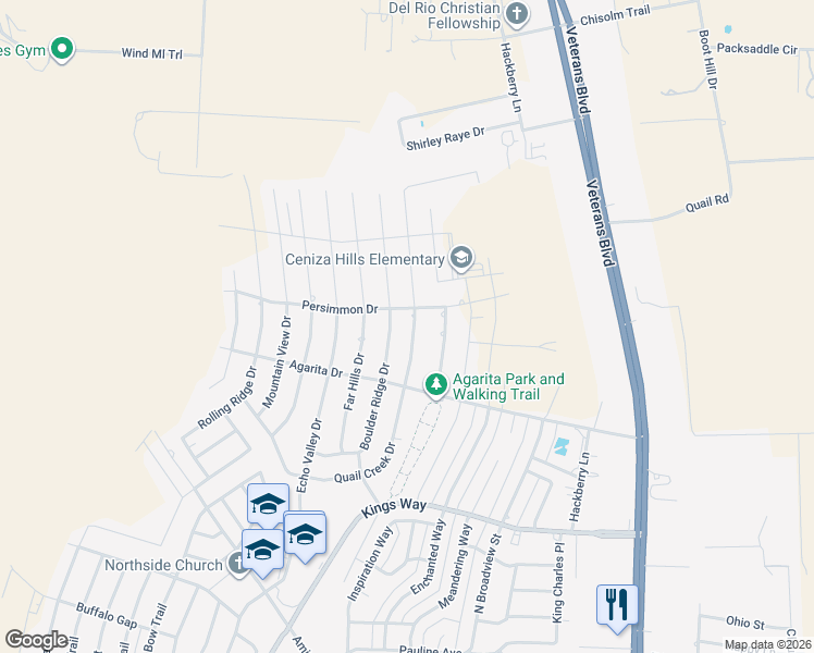 map of restaurants, bars, coffee shops, grocery stores, and more near 310 Quail Creek Drive in Del Rio