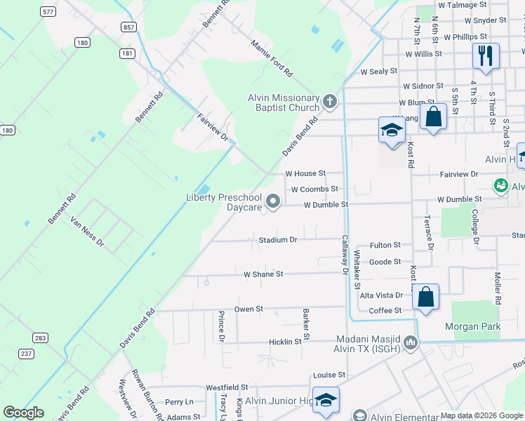 map of restaurants, bars, coffee shops, grocery stores, and more near 2626 West Dumble Street in Alvin