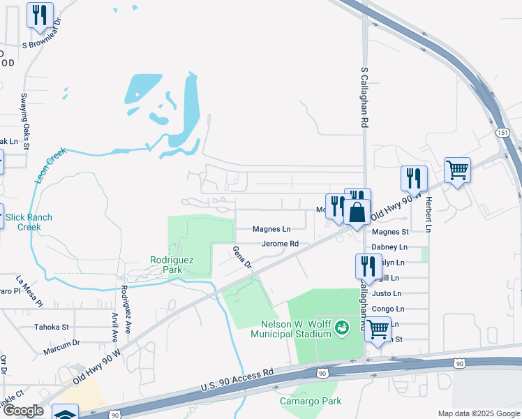 map of restaurants, bars, coffee shops, grocery stores, and more near 5829 McDavitt Road in San Antonio
