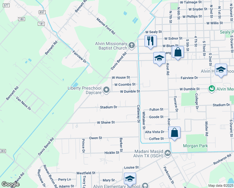 map of restaurants, bars, coffee shops, grocery stores, and more near 2330 West Dumble Street in Alvin