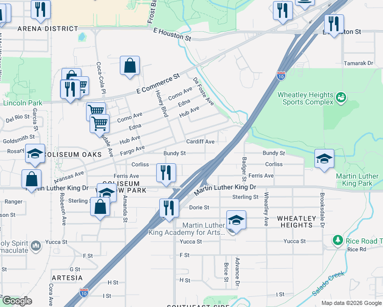 map of restaurants, bars, coffee shops, grocery stores, and more near 118 Cardiff Avenue in San Antonio