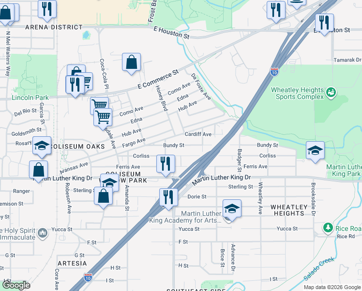 map of restaurants, bars, coffee shops, grocery stores, and more near 118 Cardiff Avenue in San Antonio