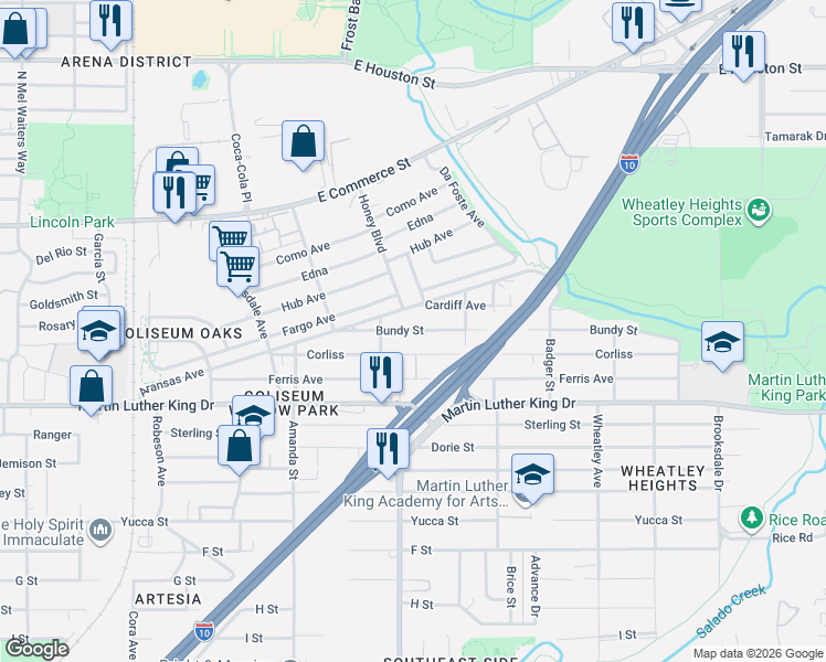 map of restaurants, bars, coffee shops, grocery stores, and more near 118 Cardiff Avenue in San Antonio