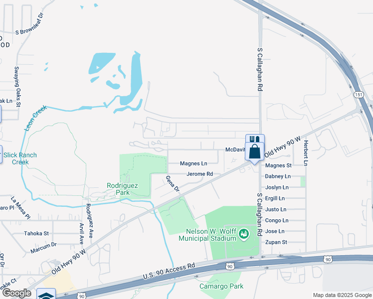 map of restaurants, bars, coffee shops, grocery stores, and more near 5829 McDavitt Road in San Antonio