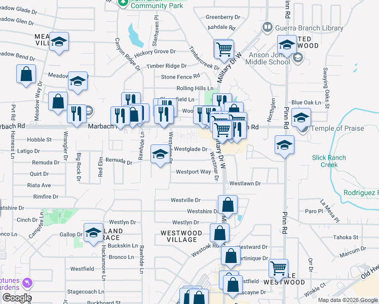 map of restaurants, bars, coffee shops, grocery stores, and more near 7211 Westglade Drive in San Antonio