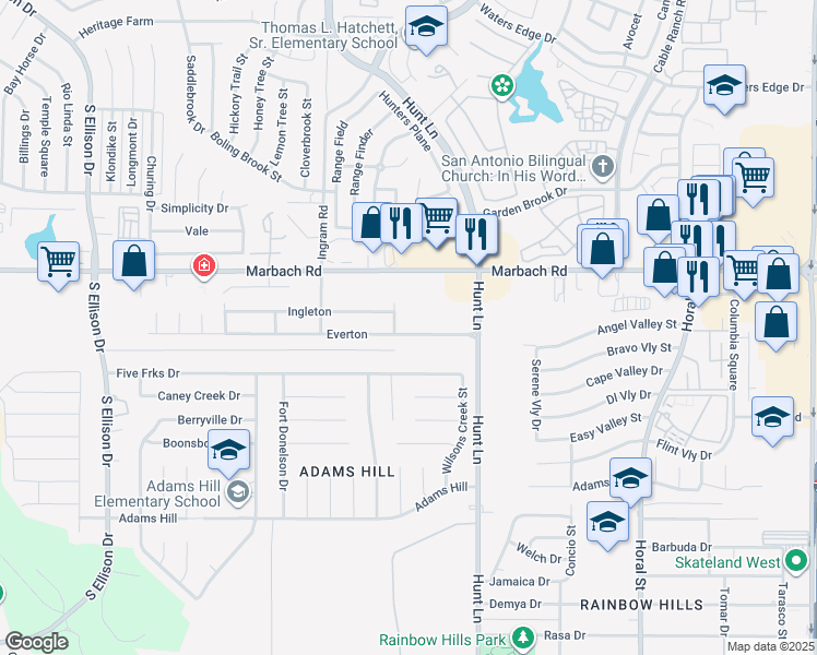 map of restaurants, bars, coffee shops, grocery stores, and more near 1706 Guilford Court in San Antonio
