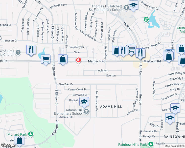 map of restaurants, bars, coffee shops, grocery stores, and more near 9410 Ingleton in San Antonio