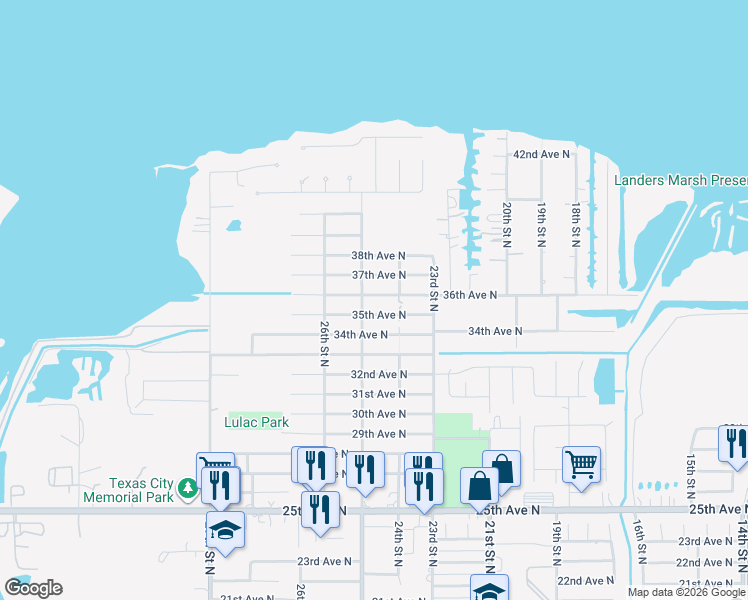 map of restaurants, bars, coffee shops, grocery stores, and more near 2432 36th Avenue North in Texas City