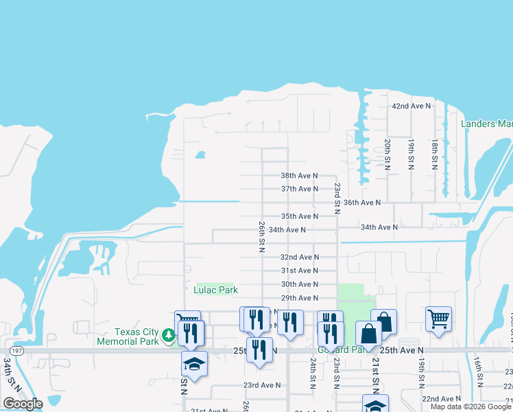 map of restaurants, bars, coffee shops, grocery stores, and more near 2530 36th Avenue North in Texas City