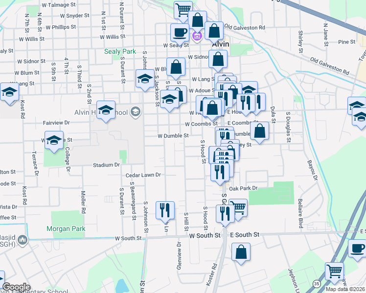 map of restaurants, bars, coffee shops, grocery stores, and more near 3110 Mustang Road in Alvin
