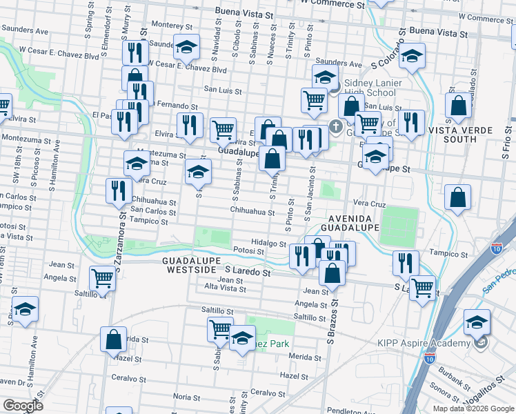 map of restaurants, bars, coffee shops, grocery stores, and more near 1518 Vera Cruz in San Antonio