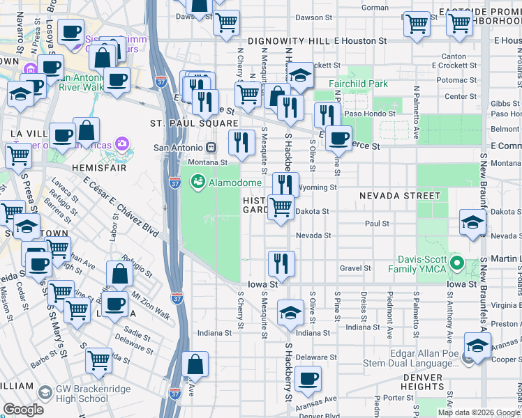 map of restaurants, bars, coffee shops, grocery stores, and more near 128 Dashiell in San Antonio