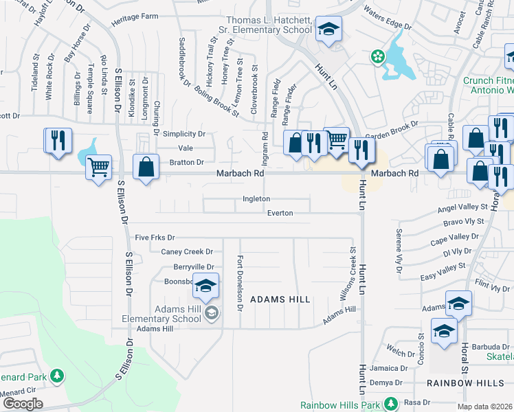 map of restaurants, bars, coffee shops, grocery stores, and more near 9311 Ingleton in San Antonio