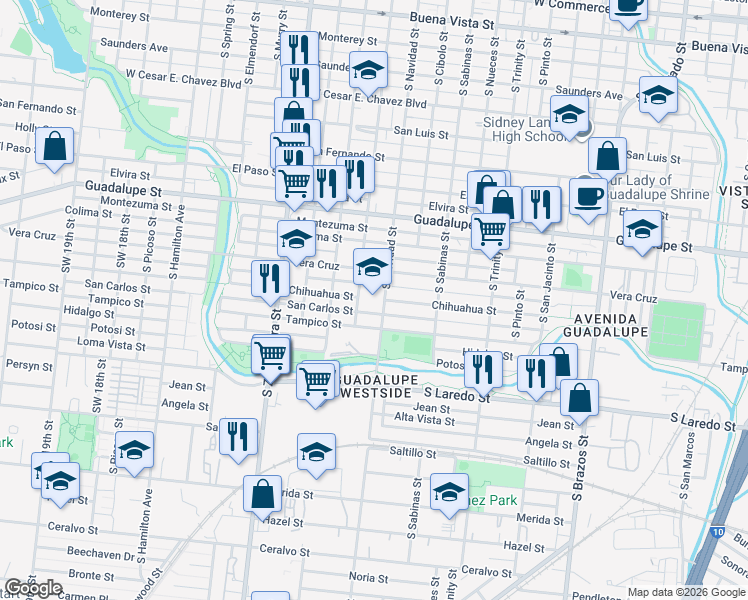 map of restaurants, bars, coffee shops, grocery stores, and more near 1111 South Navidad Street in San Antonio