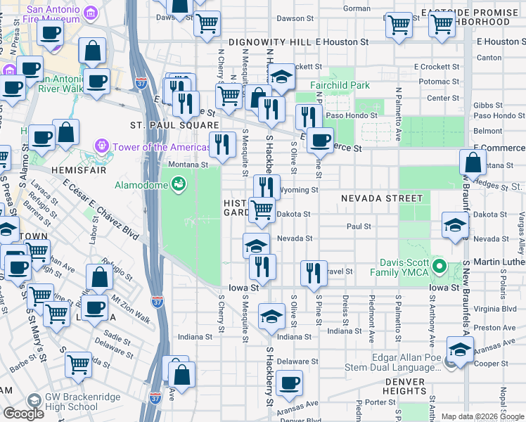 map of restaurants, bars, coffee shops, grocery stores, and more near 232 Dashiell in San Antonio