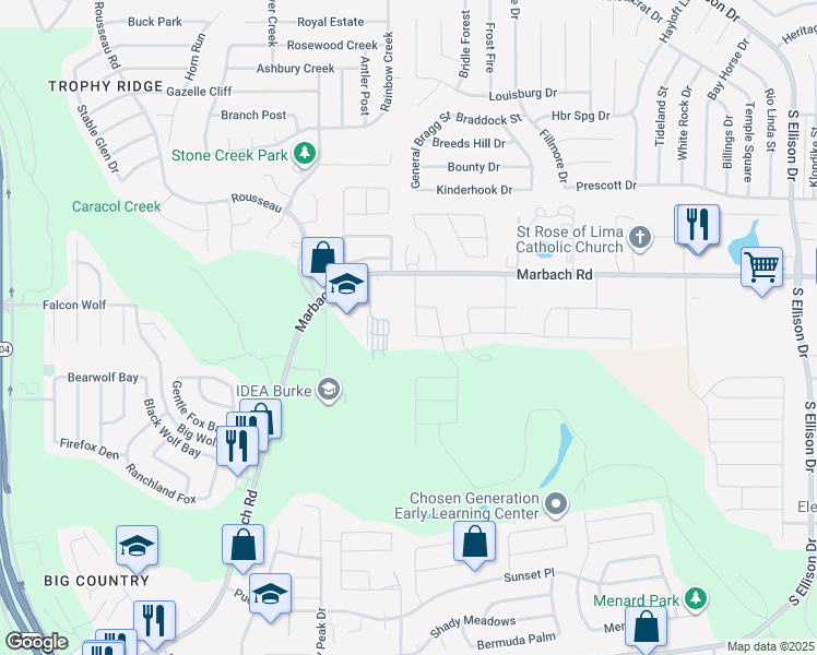 map of restaurants, bars, coffee shops, grocery stores, and more near 1611 Iron Creek in San Antonio
