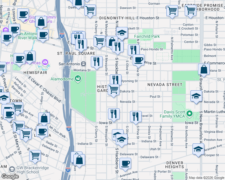 map of restaurants, bars, coffee shops, grocery stores, and more near 232 Dashiell in San Antonio