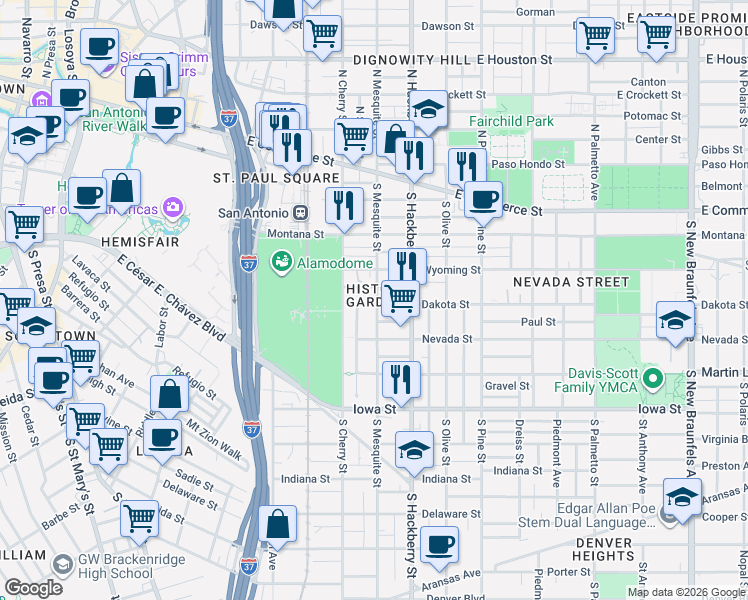 map of restaurants, bars, coffee shops, grocery stores, and more near 128 Dashiell in San Antonio
