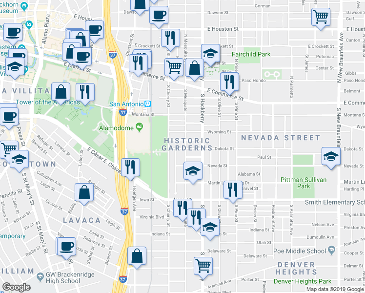 map of restaurants, bars, coffee shops, grocery stores, and more near 128 Dashiell in San Antonio