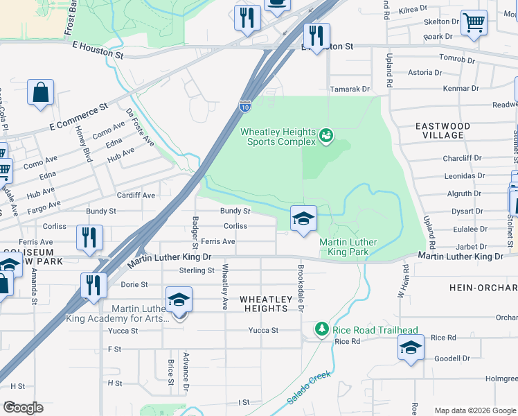 map of restaurants, bars, coffee shops, grocery stores, and more near 533 Bundy Street in San Antonio