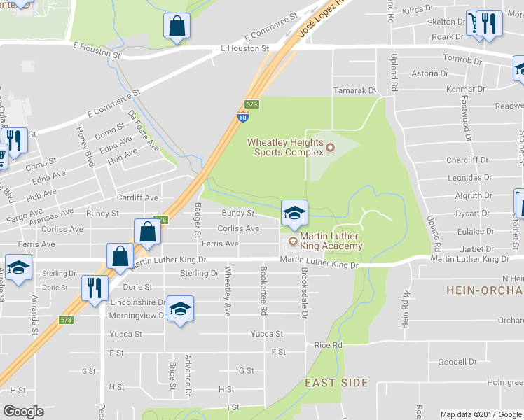 map of restaurants, bars, coffee shops, grocery stores, and more near 531 Bundy Street in San Antonio