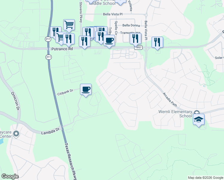 map of restaurants, bars, coffee shops, grocery stores, and more near 1606 Desert Candle in San Antonio