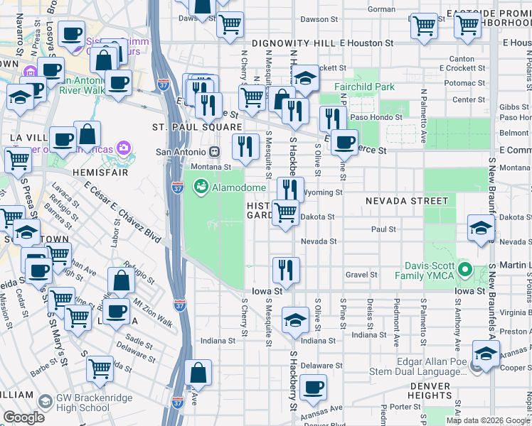 map of restaurants, bars, coffee shops, grocery stores, and more near 128 Dashiell in San Antonio