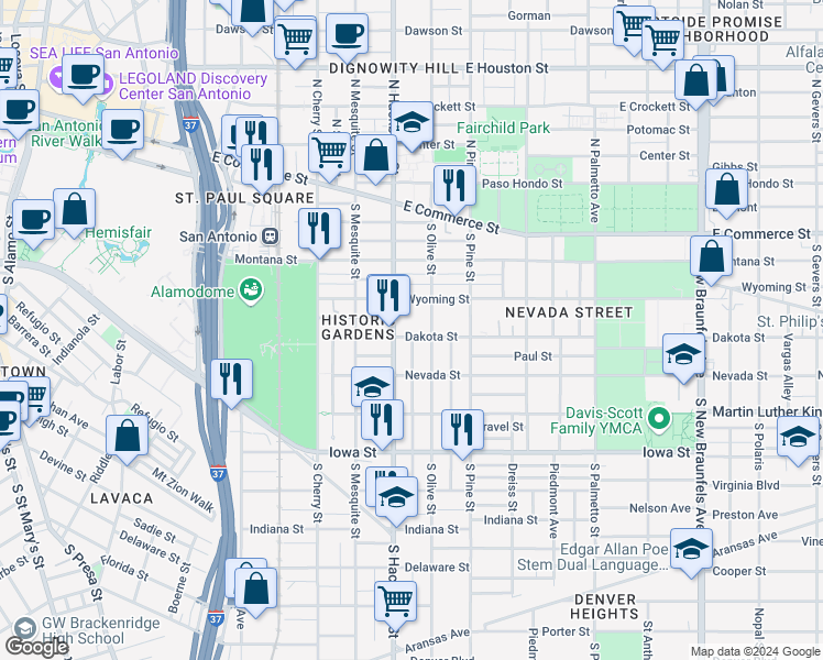 map of restaurants, bars, coffee shops, grocery stores, and more near 615 Dakota Street in San Antonio