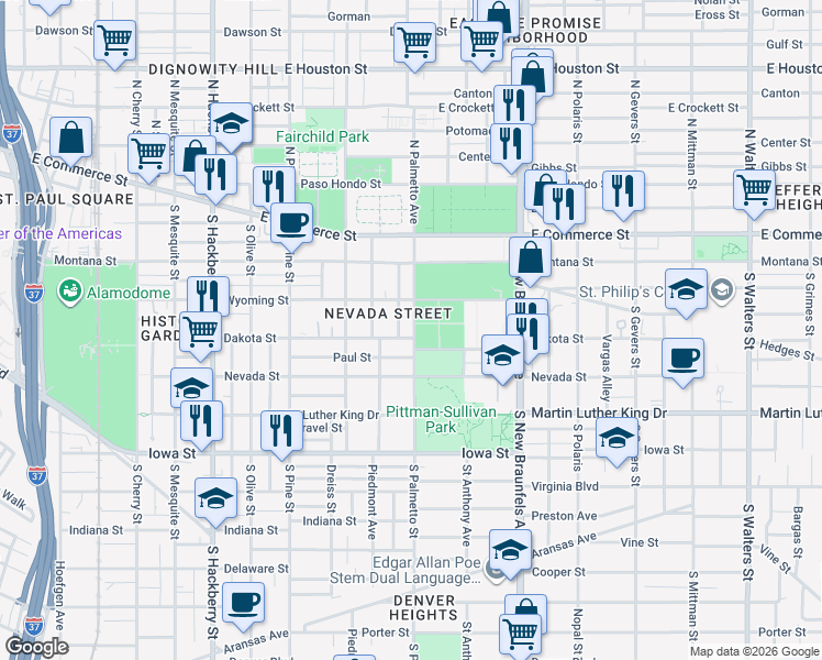 map of restaurants, bars, coffee shops, grocery stores, and more near 317 Toledo Street in San Antonio
