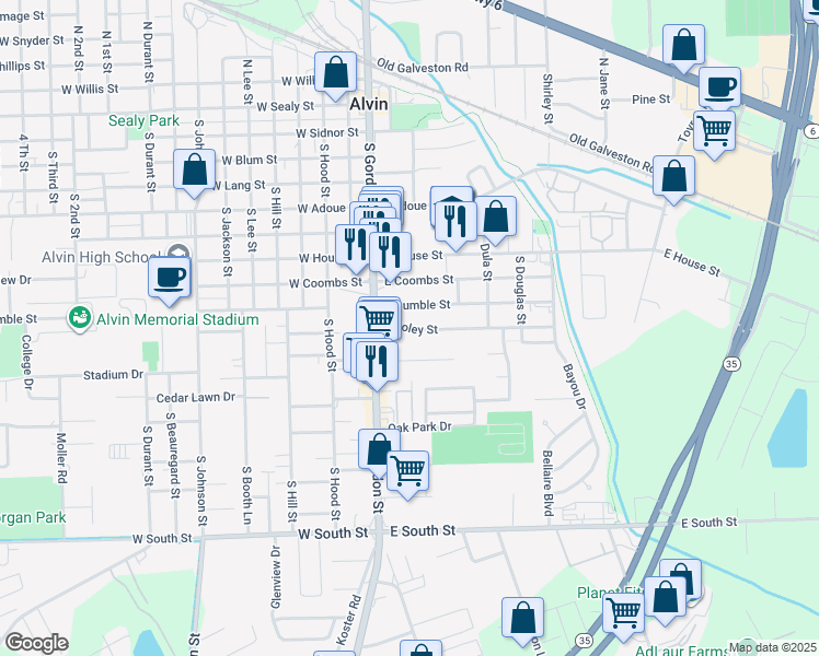 map of restaurants, bars, coffee shops, grocery stores, and more near 201 East Foley Street in Alvin